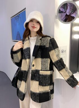 韩系格子毛呢西装外套女装秋冬中长款赫本风宽松气质加厚呢子大衣