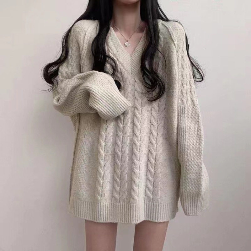 新款 韩国秋冬中长款麻花套头毛衣裙女洋气复古纯色百搭针织衫