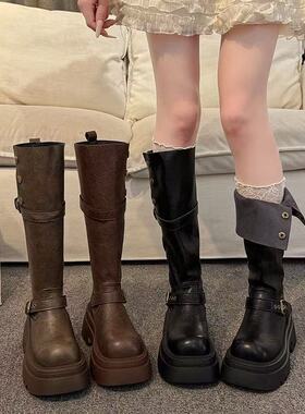 韩版皮带扣长筒靴女冬季厚底增高骑士靴小个子高筒靴