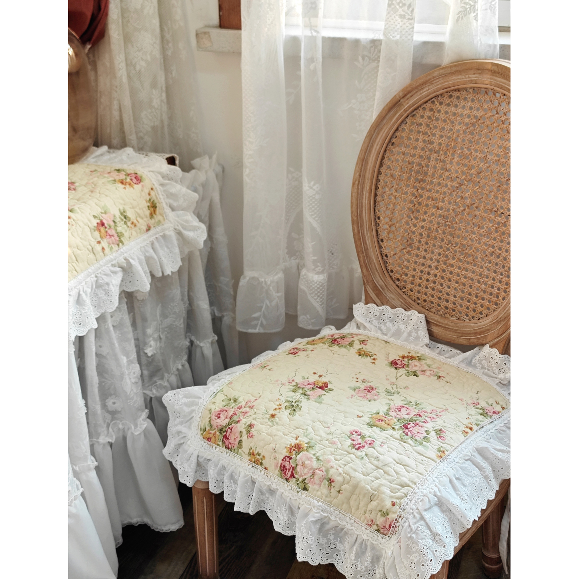 韩式法式公主风绣花蕾丝绗缝夹棉纯棉全棉椅垫坐垫（含绑带）特价