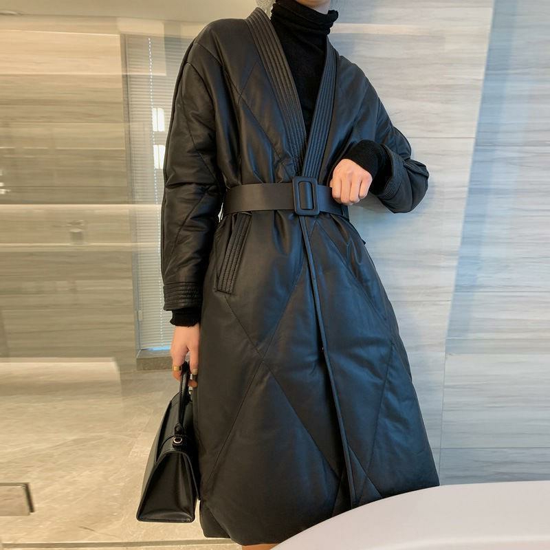 保暖皮衣2024新款秋冬季PU皮羽绒棉衣棉服女中长款外套收腰棉袄