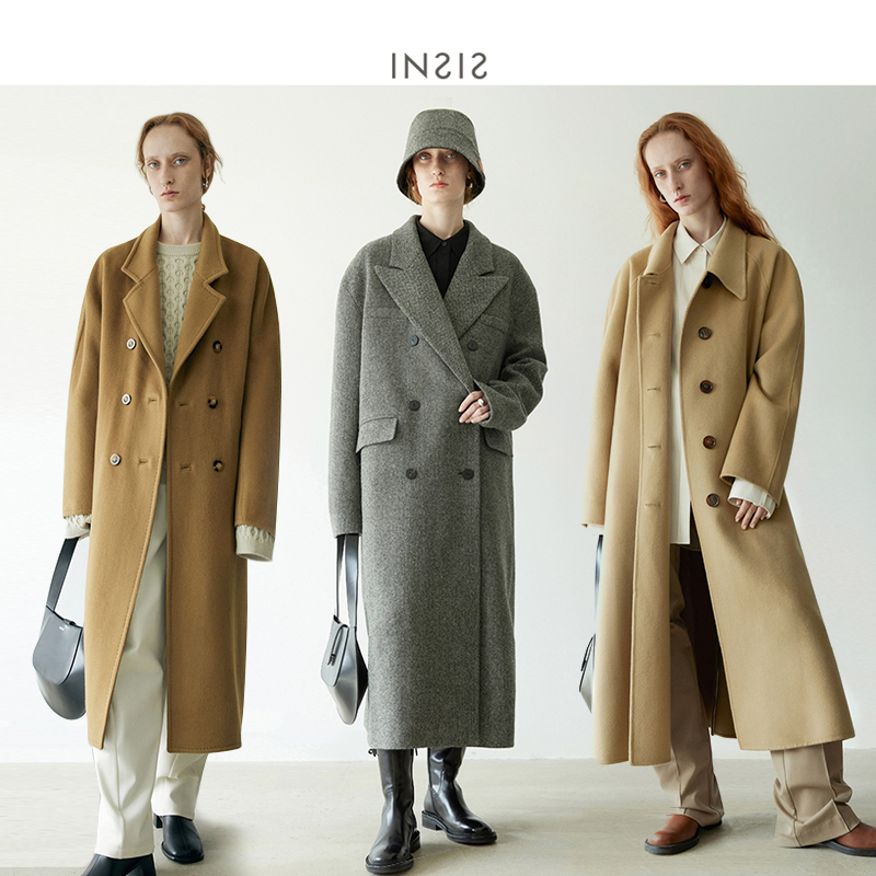 INSISFEMME枪驳领人字纹经典意式波浪袖羊毛羊绒双面呢大衣外套