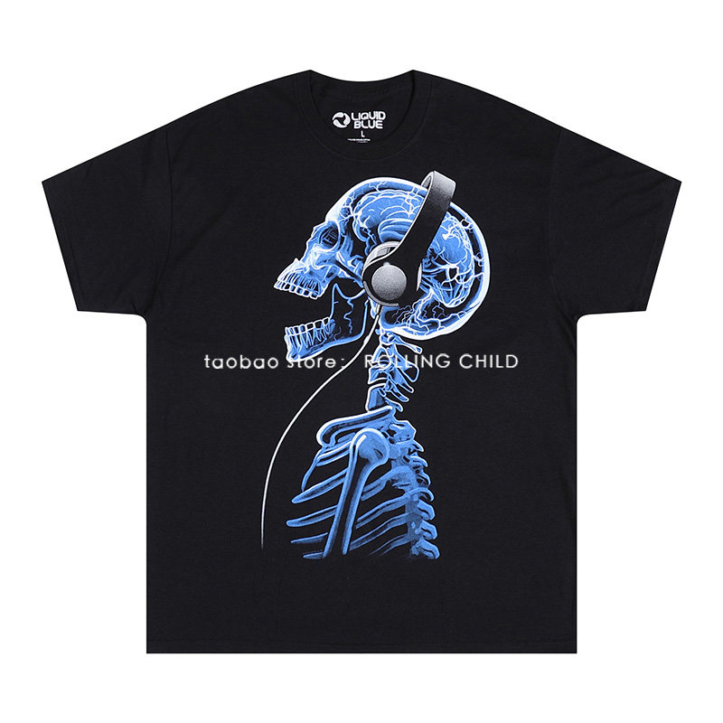 正版骷髅耳机复古印花vintage流行嘻哈摇滚乐队短袖男T恤 现行版