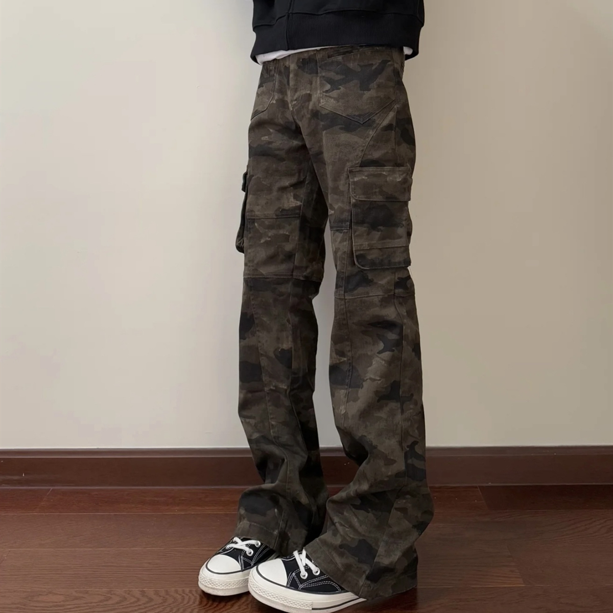 05PSYT美式复古迷彩多口袋微喇cleanfit工装裤男女潮牌修身显瘦裤