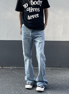 LEFT7cleanfit美式517版型冰蓝水洗复古高街显瘦微喇拖地牛仔裤男