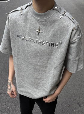 LEFT7 夏季美式短袖t恤男小众解构金属扣设计感韩版宽松垫肩潮牌