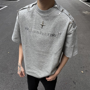 短袖 LEFT7 夏季 美式 宽松垫肩潮牌 t恤男小众解构金属扣设计感韩版
