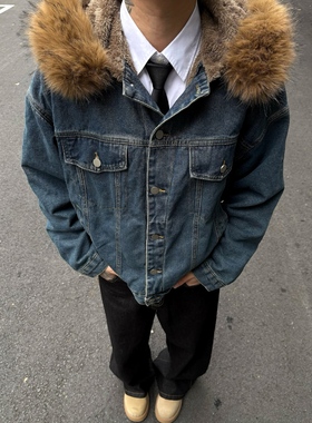 05PSYT韩国复古毛领座山雕水洗牛仔夹克男女宽松短款棉服保暖外套
