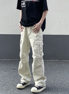 LEFT7 多口袋米白色工装裤男美式潮牌机能直筒高级感垂感阔腿长裤