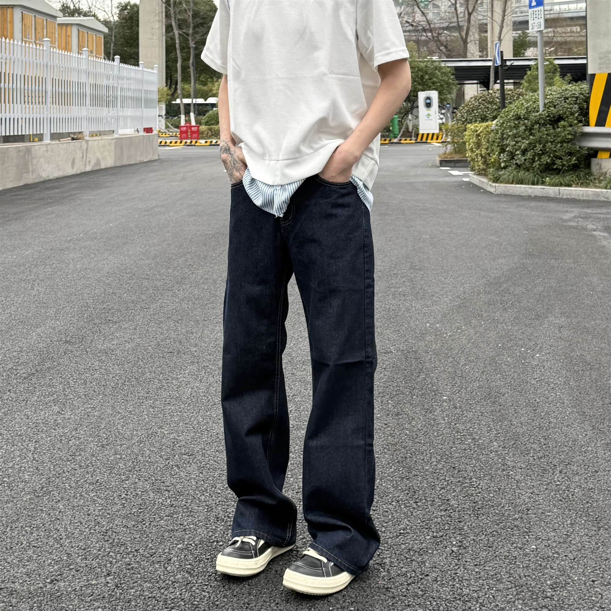LEFT7 美式原色丹宁深蓝色牛仔裤男复古直筒宽松cleanfit微喇裤子