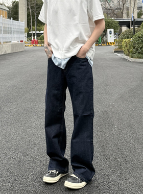 LEFT7 美式原色丹宁深蓝色牛仔裤男复古直筒宽松cleanfit微喇裤子