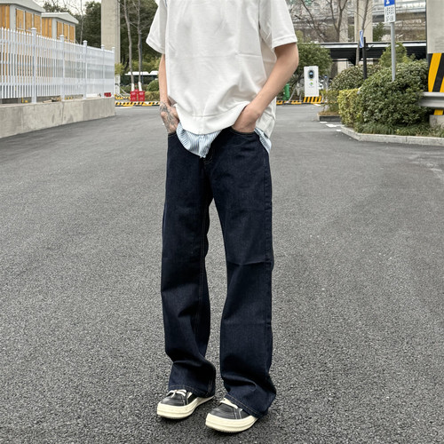 LEFT7 美式原色丹宁深蓝色牛仔裤男复古直筒宽松cleanfit微喇裤子 - 封面