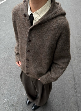 05PSYT老钱风复古松弛猫眼扣连帽毛衣秋冬慵懒风羊毛混纺针织开衫