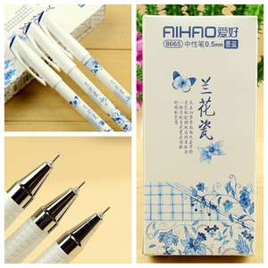 漂亮兰花瓷中性笔0.5芯全针管青花瓷蓝笔芯黑色笔晶蓝色8665