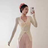 洋白菜V领双纽结开叉长袖 T恤 瑜伽健身运动仿生羊绒磨毛甜美风长袖