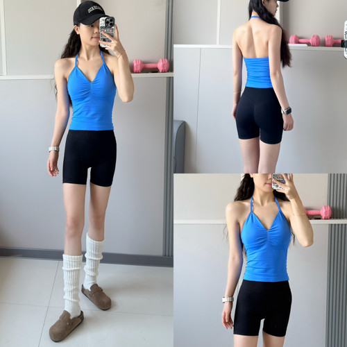 新款欧美性感DF褶皱挂脖露背一体健身普拉提运动定型防震美背新