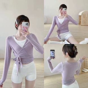 lu家轻薄性感绑带交叉上衣透气瑜伽T恤罩衫健身服长袖瑜伽普拉提