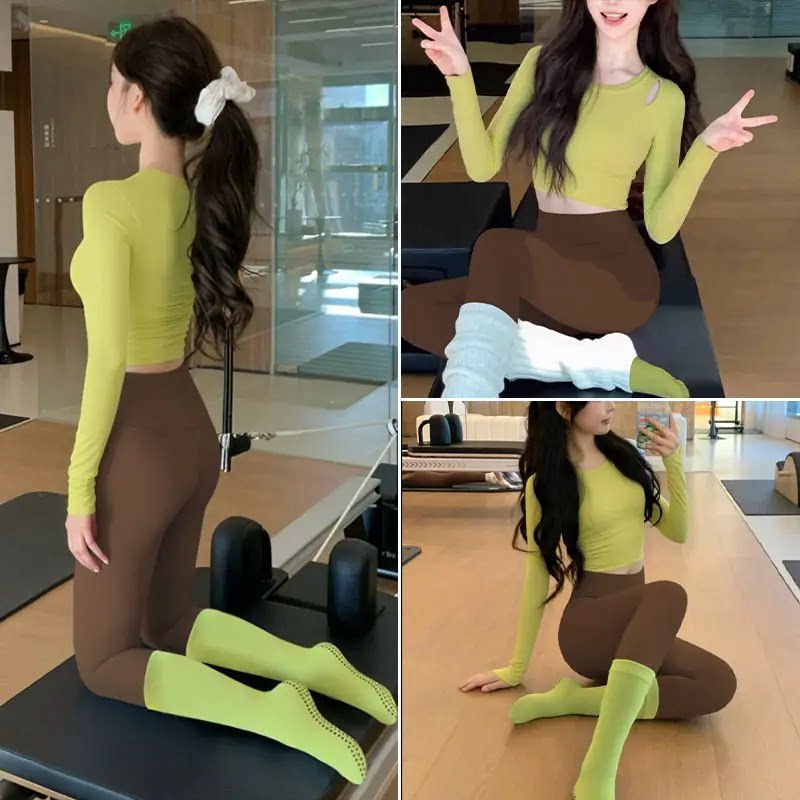 绿色长袖紧身运动上衣女普拉提瑜伽服绝美训练服高级感健身套装秋
