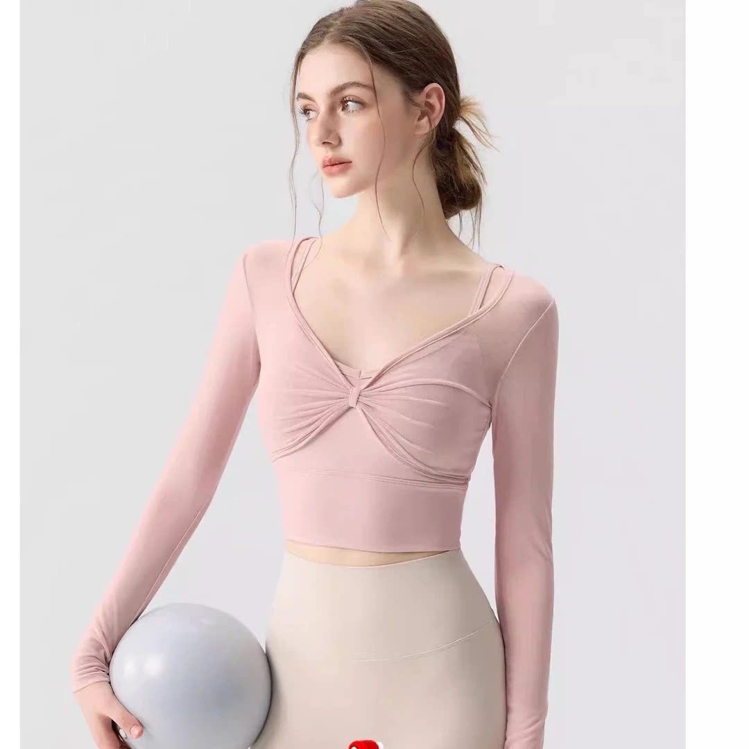 瑜伽服女2026新款秋冬长袖带胸垫网纱健身运动上衣普拉提训练套装
