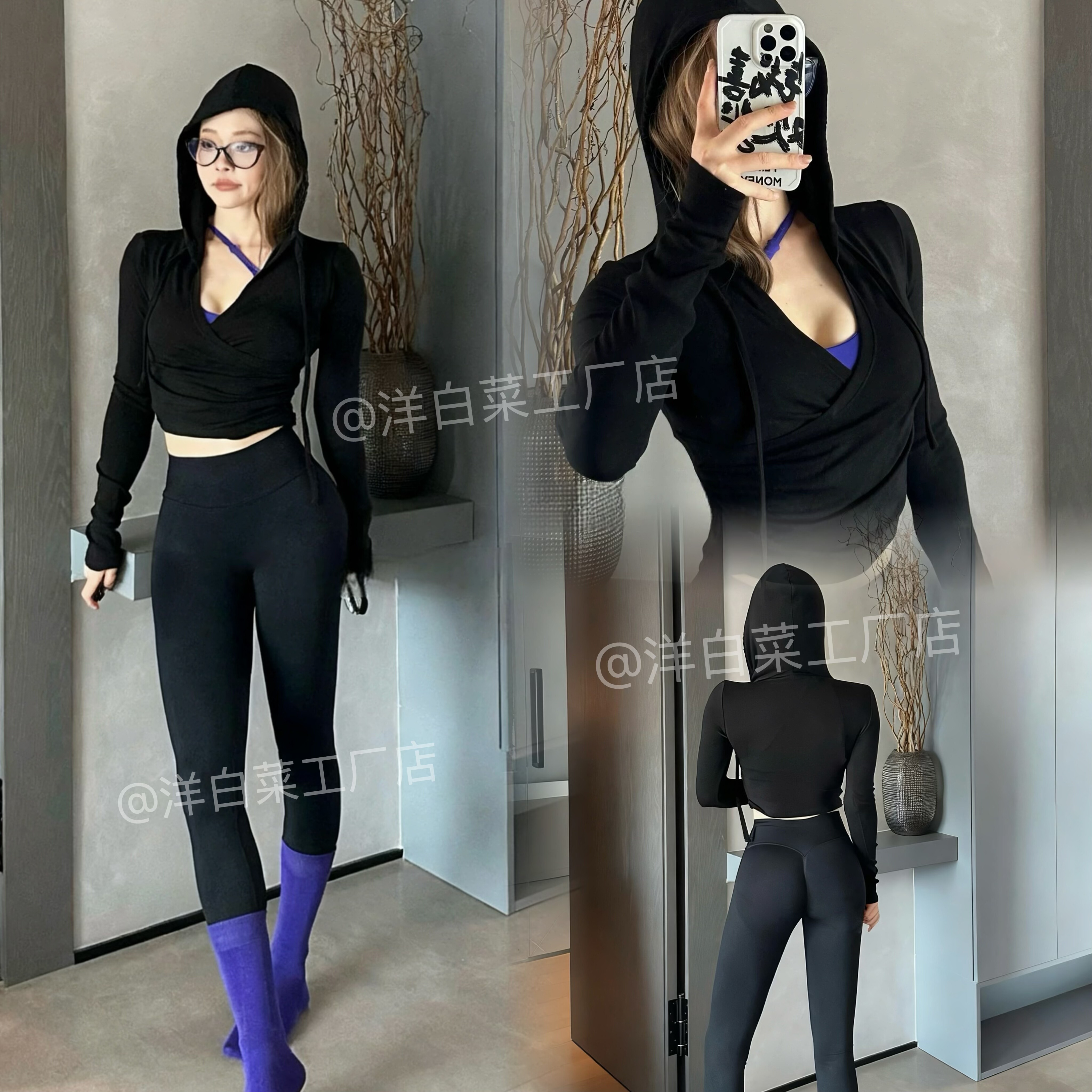 洋白菜V领抽绳瑜伽服女连帽修身普拉提训练运动上衣健身服长袖秋,运动服/休闲服装,健身衣,淘宝优惠券,粉丝福利购,淘宝优惠卷