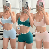 欧美撞色瑜伽套装 带胸垫聚拢撸铁运动背心 女高腰收腹提臀蜜桃裤