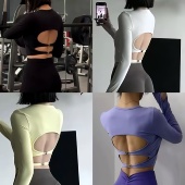 露背镂空性感带胸垫瑜伽运动长袖 显瘦健身服 T恤女高级感上衣修身