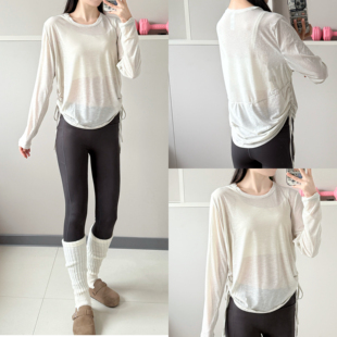 褶皱抽绳跑步长袖运动背心速干夏季薄款宽松遮肉罩衫瑜伽健身上衣