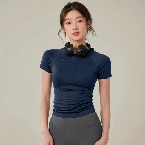 洋白菜紧身显瘦瑜伽服短袖圆领透气跑步运动t恤弹力普拉提上衣