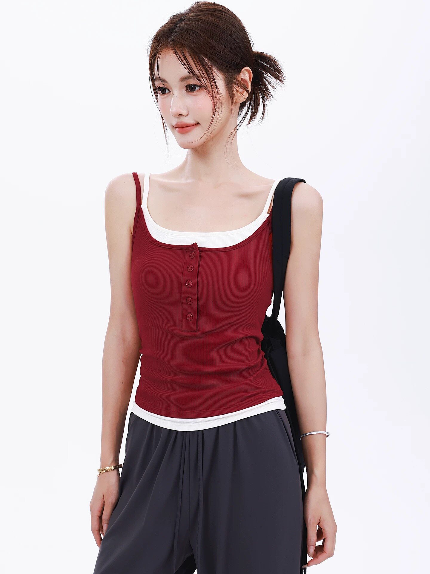 洋白菜工厂一体杯拼色运动背心女百搭瑜伽普拉提纽扣显瘦健身内衣