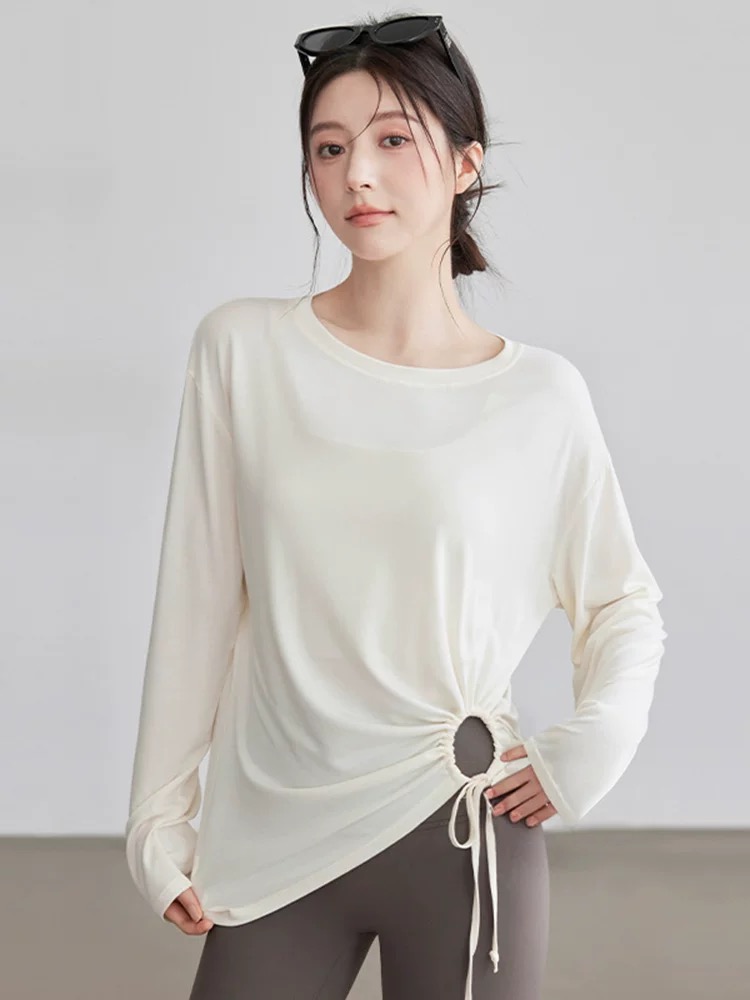 洋白菜瑜伽服罩衫女侧边镂空抽绳长袖T恤宽松透气运动上衣健身服