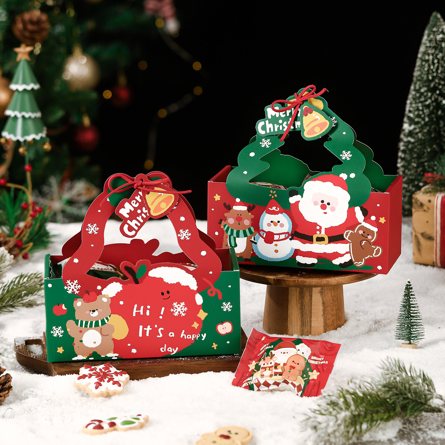 圣诞节包装盒雪花酥牛轧糖果曲奇饼干袋手提烘焙打包苹果礼品盒子