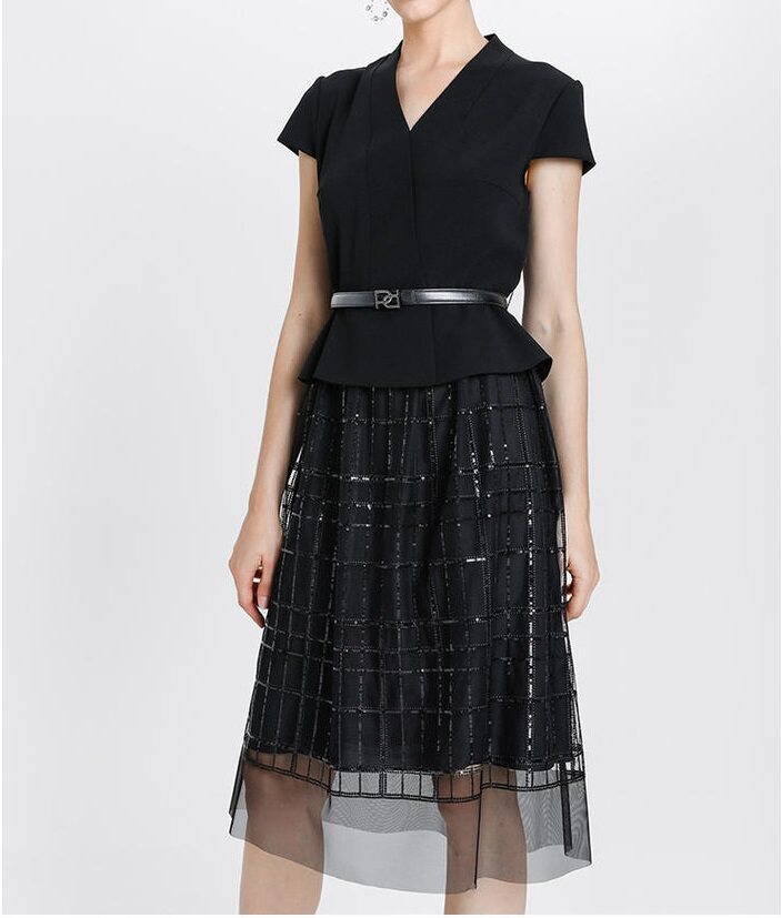 ports宝姿2020新品女装气质通勤v领假两件连衣裙all8d028kwb008