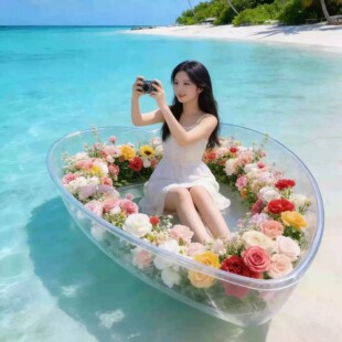 网红玻璃船透明水晶船婚纱摄影道具船酒店民宿泳池皮划艇双头桨