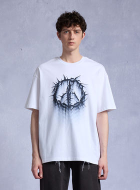 RAIN DOWN ON SHADOW 白色荆棘重磅纯棉drill潮牌T恤美式短袖