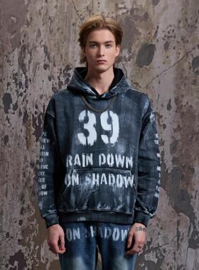 RAIN DOWN ON SHADOW 做旧黑色drill潮牌刷漆连帽卫衣洗水帽衫
