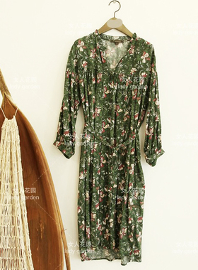 亏本回馈~岛屿家~森系山茶印花显白腰带收腰显瘦防晒衫丝棉连衣裙