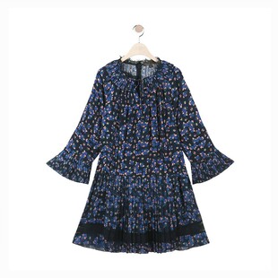 韩国 森系复古田园小碎花印花百褶花边系飘带雪纺纱连衣裙 岛屿家