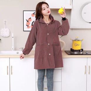 罩衣家务厨房防污大褂女士工作服 系扣带帽正穿衣纯棉有袖 新款 时尚