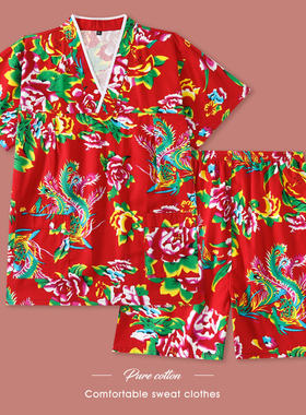 汗蒸服女款纯棉东北特色大花情侣家居套装洗浴桑拿服睡衣足浴服男