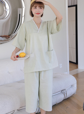 汗蒸服女款亚麻高档七分裤情侣家居服睡衣男款桑拿服洗浴服按摩服