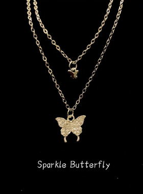 Vintage古着 Sparkle Butterfly 项链 小众设计 轻复古 Y2K 双层
