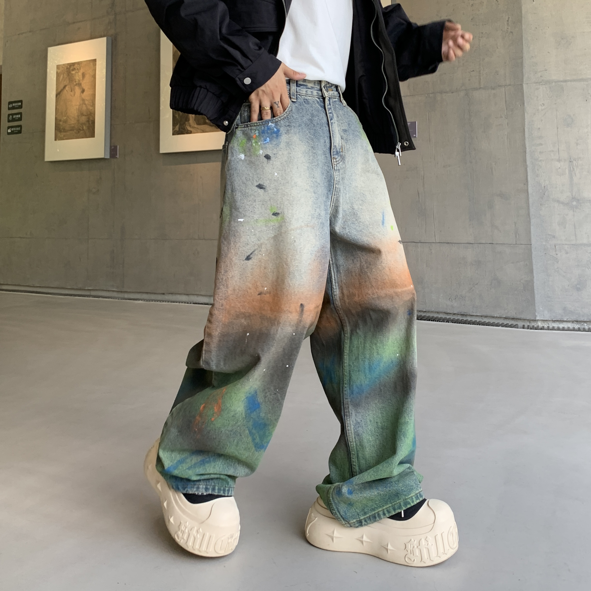 新款潮牌宽松直筒晕染虹色水洗牛仔裤