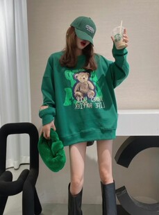 欧货潮INS绿色卡通加绒加厚欧洲站2024秋冬宽松慵懒风卫衣外套