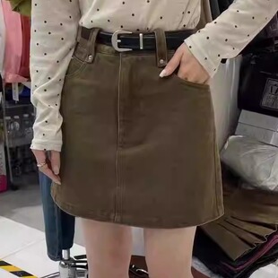 XIBEIERXIXI高腰短裙女2024秋季水洗棉a字裙百搭十三行显瘦半身裙