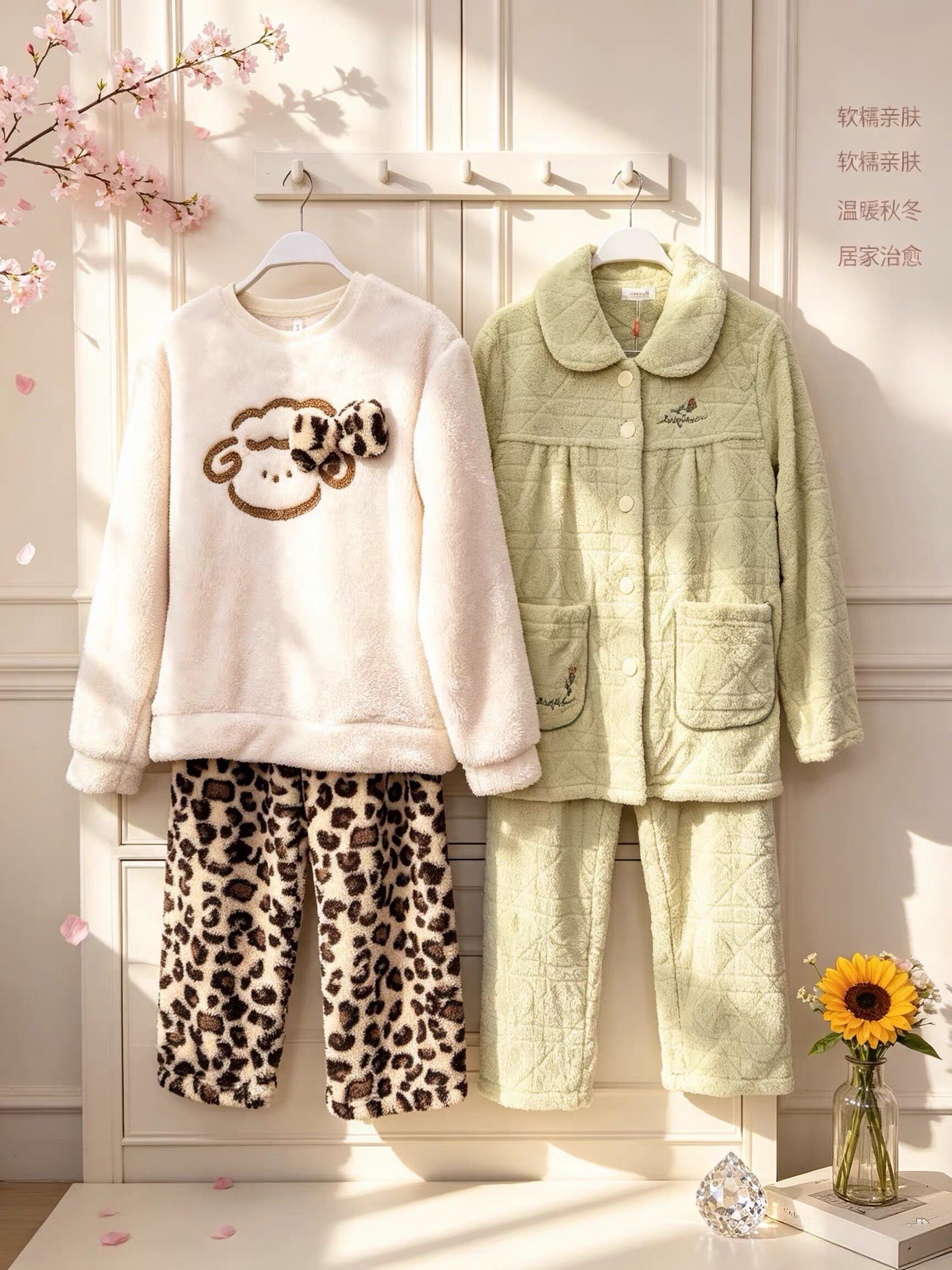 香蜜闺秀26403101女士牛奶绒细绒翻领开扣优雅长袖家居服套装
