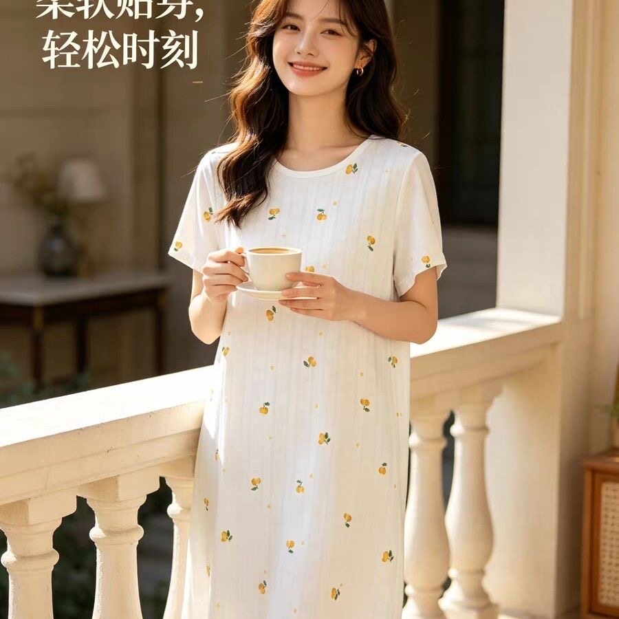 香蜜闺秀女士特价26203130圆领套头简约印花针织牛奶丝单件睡裙