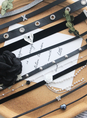 甜酷辣妹chocker项圈黑色爱心锁骨链朋克风皮质铆钉choker项链女