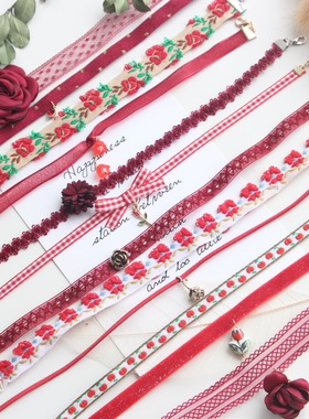 安可拉红秋冬颈链蕾丝choker小众项链女锁骨链玫瑰花朵刺绣项圈颈