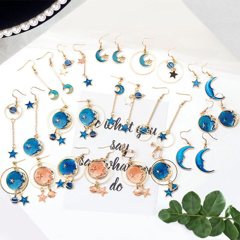 日韩风蓝色梦幻星空少女心耳环可爱油滴月亮星球不对称无耳洞耳夹