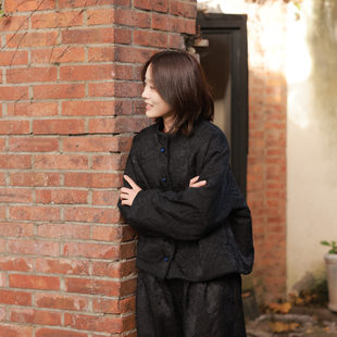 短棉服 高定桑蚕丝提花黑色立领百搭通勤老钱风 慢慢变蓝原创 冬季